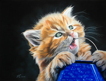 Sweet kitten, blue, kitten, black, art, purse, cat, orange, ginger, pisica, painting, pictura, paw HD wallpaper