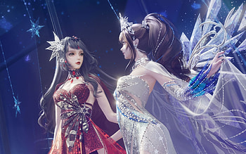 Fantasy girl, blue, white, fantasy, art, red, couple, girl, lu jieyun HD wallpaper