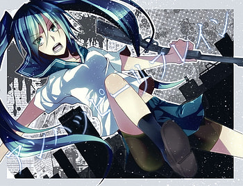 miku hatsune, blue eyes, weapon, uniform, blue hair, long hair54 HD wallpaper