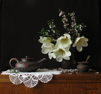 still life, tulip, bouquet, graphy, vase, beautiful, lace, tulips, nice, pretty, flower, cool, flowers, , lovely, harmony HD wallpaper