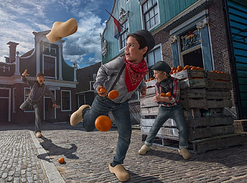 Old Dutch Fun, children, city, situation, shoe, orange, copil, adrian sommeling, creative, fantasy, boy, street HD wallpaper