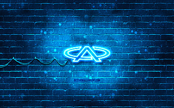Chery blue logo, , blue brickwall, Chery logo, cars brands, Chery neon logo, Chery HD wallpaper