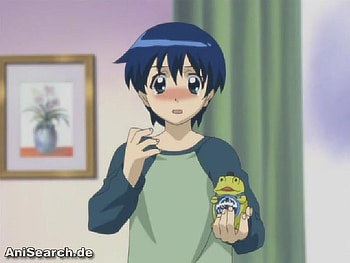 Yukinari Sasaki, girls bravo, other, blue hair, frog, curtain, sasaki, t-shirt, screenshot, anime, boy, yukinari, blush HD wallpaper