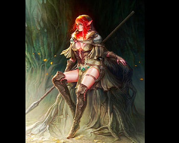 Female Elf Warrior, red hair, spear, elf, warrior, female HD wallpaper