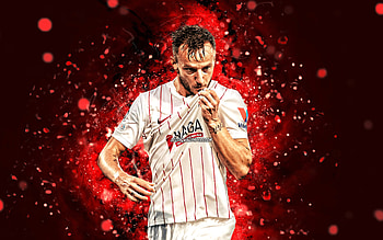 Ivan Rakitic, , 2021, Sevilla FC, croatian footballers, La Liga, red neon lights, soccer, LaLiga, Ivan Rakitic Sevilla, Ivan Rakitic HD wallpaper