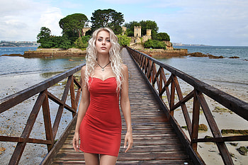 Platinum Blonde in a Red Dress, bridge, model, dress, blonde HD wallpaper