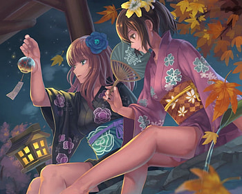 Kimono Night, night, kimono, yukata, cute, oriental, long hair, beauty, nice, female, sexy, sweet, gorgeous, hot, girl, beautiful, fan, anime girl, elegant, leaves, anime, pretty, light, brown hair, lantern, lovely HD wallpaper