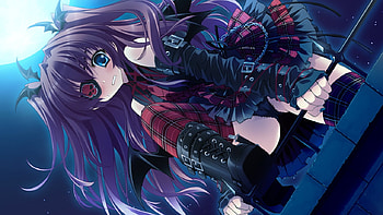 cute rock girl, gothic, wings, purple hair, eyepatch, cute, blue eye, girl, rock, moon, blush HD wallpaper