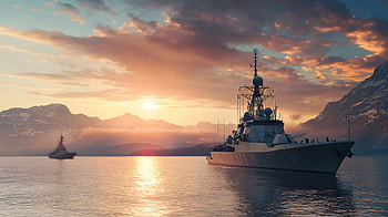 Majestic Warship at Sunrise Over Serene Mountain Seas -, warship, sea, morning, sun, mountain HD wallpaper