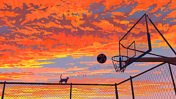 Sunset Hoops With Cat Silhouette, sunset, silhouette, cat, artist, artwork, digital-art, pixiv HD wallpaper