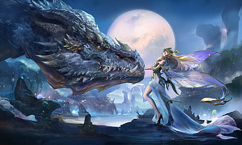 Girl and dragon, moon, fantasy, blue, night, art, luna, girl HD wallpaper