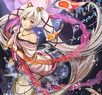 Mermaid, yellow eyes, cute, koi, long hair, dress, twintails, underwater, , bubble, fish, water, female, sexy, hot, girl, tail, anime girl, anime HD wallpaper
