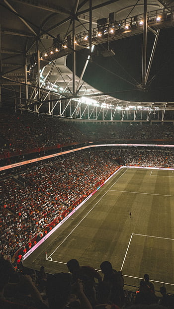 A vibrant night soccer match with a full audience in an illuminated stadium. HD phone wallpaper