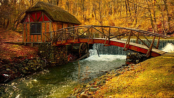 Watermill and bridge, Grass, Bridge, Trees, Watermill, Waterfall, River HD wallpaper