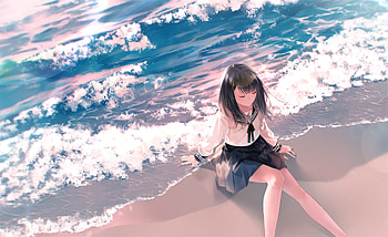 Anime Girl Sitting Waves School Uniform , anime-girl, anime, artist, artwork, digital-art HD wallpaper