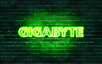 Gigabyte green logo, , green brickwall, Gigabyte logo, brands, Gigabyte neon logo, Gigabyte HD wallpaper