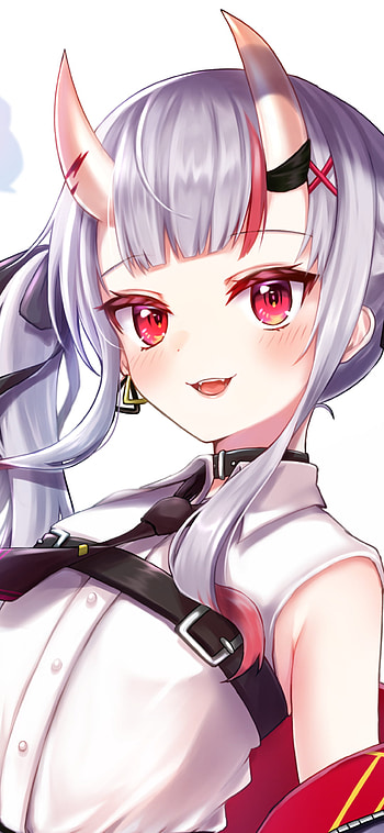 horns, red eyes, white hair, Nakiri Ayame, hololive, Anime, Virtual Youtuber HD phone wallpaper