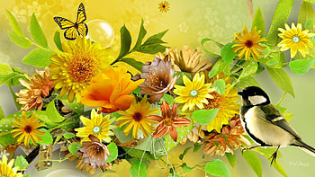 Summer blossoms, chickadee, butterflies, digital, art, bird, flowers HD wallpaper