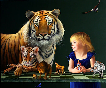 :), surreal, child, copil, black, art, cub, robert bissell, cute, girl, painting, fantasy, pictura, tigru HD wallpaper