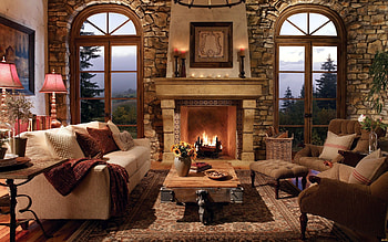 Living Room, fire place, interior, lamps HD wallpaper