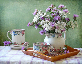 still life, bouquet, gentle, graphy, tea, colours, spring, nice, cups, pitcher, flower, coffee, cloth, , table, sweet, vase, florals, beautiful, cup, fresh, elegant, saucers, tray, wood, cool, flowers, cut, harmony, porcelain, drink HD wallpaper