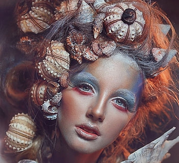 Mermaid, blue, model, girl, orange, woman, summer, shell, fantasy, face, redhead, siren, shibina nadegda HD wallpaper