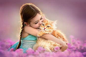 Little Girl and Her Cat, girl, little, kisses, graph, love, sweetness, pet, cuddling, Cats HD wallpaper