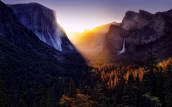 Nature, Sunset, Mountains, Shine, Light, Waterfall, Beams, Rays, Forest, Height, Evening HD wallpaper