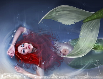 Mermaid, blue, sea, fairytale, girl, red hair, beautiful, woman, green, red, face, fish HD wallpaper