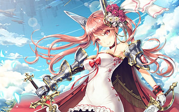 Original, Orange Eyes, Amazing, Orange Hair, Cute, Beautiful, White Dress, Sword, Flower, Lovely, Anime, Awesome, Pretty, Sexy, Long Hair, TwinTails, Manga, Armor, Smile, Dress, Gorgeous, Happy, Ribbon, Playful, Emotional, Clouds, Brown Hair, Sky, Anime Girl, Bow, Warrior, Twin Tails, Fun, Sweet HD wallpaper