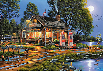 Eugene's Gas & Grocery, rooster, cabin, hens, vegetables, fruits, lake, ducks, artwork, moon, painting, deer, trees HD wallpaper