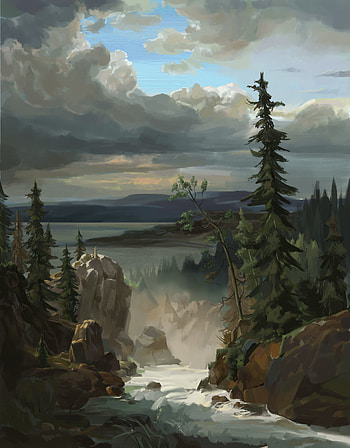 Landscape, Rivers, Art, Mountains, Rocks HD phone wallpaper