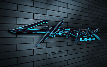 Cyberpunk 2077 3D logo, , blue brickwall, creative, online games, Cyberpunk 2077 logo, 3D art, Cyberpunk 2077 HD wallpaper