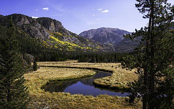 An awesome view from the trail near Grand Lake, Colorado, river, trees, landscape, sky, rocks, cloud, usa HD wallpaper