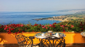 Mediterranean Coast, Italy, flowers, terrace, table, chairs, blossoms, landscape HD wallpaper