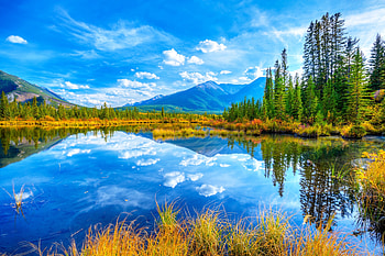 Lake Minnewanka, Banff National Park, reflection, clouds, sky, canada, mountains, alberta HD wallpaper