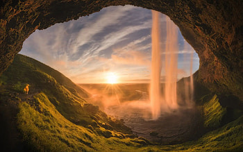 Seljalandsfoss by the Midnight Sun, Iceland, sunshine, landscape, colors, clouds, sky, rocks HD wallpaper