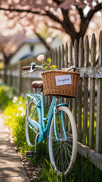 Vintage Spring Bicycle : Charming Blossoms and Nostalgia, bicycle, spring, basket, flower HD phone wallpaper