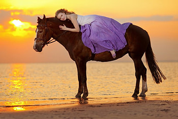 Evening On The Beach, sand, horse, cowgirl, dress, beach, clouds, sky, water, sun, evening, sunset, ocean HD wallpaper