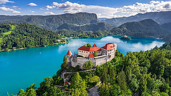 Old Castle over Lake Bled, slovenia, landscape, clouds, trees, sky, mountains HD wallpaper