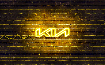 KIA yellow logo, yellow brickwall, , KIA new logo, cars brands, KIA neon logo, KIA 2021 logo, KIA logo, KIA HD wallpaper