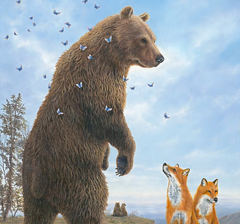 :), animal, painting, art, bear, urs, pictura, vulpe, fox, robert bissell HD wallpaper