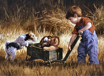 Curious Encounter F, animal, wagon, terrier, bunnie, art, dogs, beautiful, artwork, teddy bear, wide screen, painting, pets, canine, little boy HD wallpaper