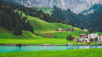 A serene view of lush green hills, a clear blue lake, and quaint houses set against majestic mountains. HD wallpaper