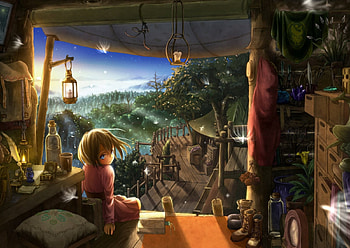 Forest House, scenery, orginal, fantasy, art, house, girl, indoor, forest HD wallpaper