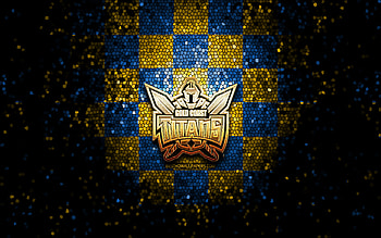 Gold Coast Titans, glitter logo, NRL, yellow blue checkered background, rugby, australian rugby club, Gold Coast Titans logo, mosaic art, National Rugby League HD wallpaper