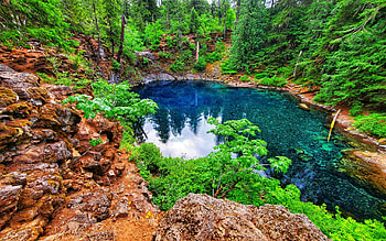 Blue pool, Oregon, trees, water, rocks, reflections, usa HD wallpaper