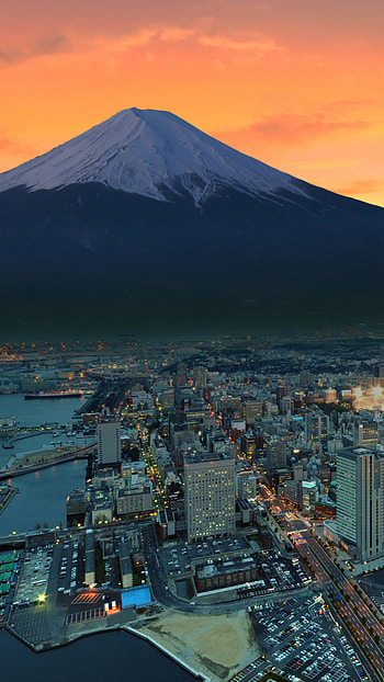 Japan Skyline, Mount Fuji snowy peak, Japan sunset city, Sony Xperia X HD phone wallpaper