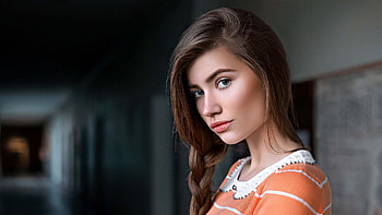 Grey Eyes Victoria Rud Girl Model Is Wearing Orange White Striped Dress Standing In Blur Background Girls HD wallpaper