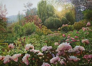 Peonies, bujor, art, peony, garden, zbigniew kopania, pink, painting, pictura, flower, green HD wallpaper